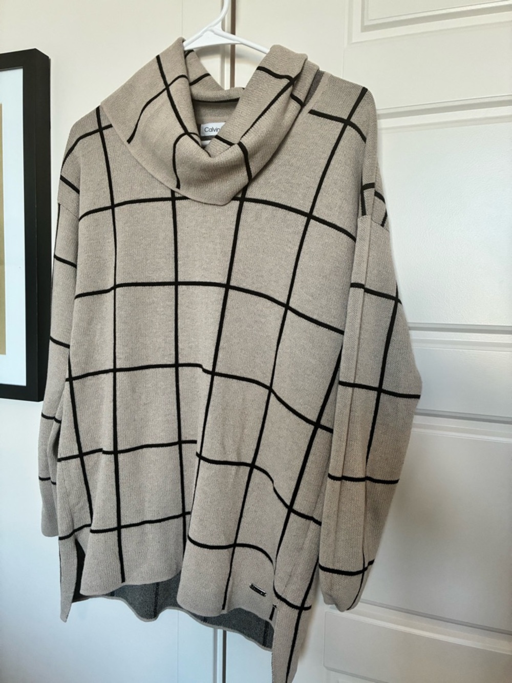 Calvin Klein Beige and Black Windowpane Cowl Neck Sweater